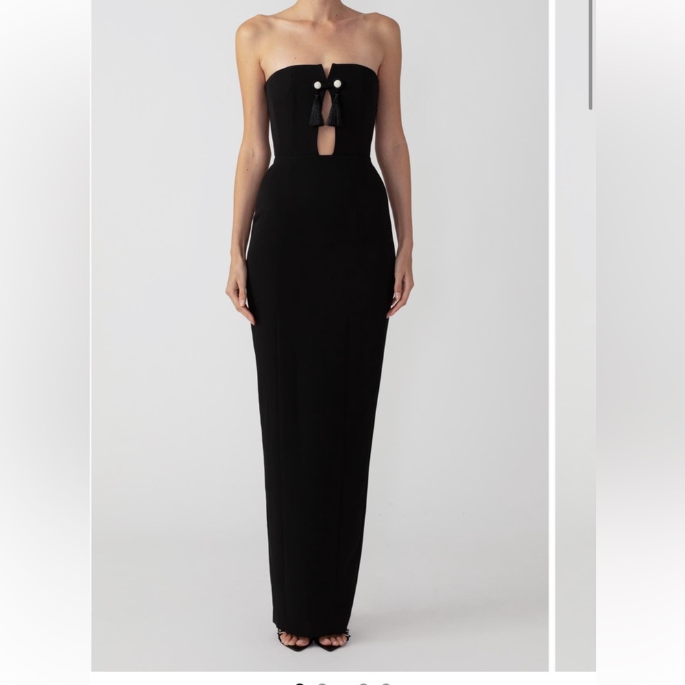 SAU LEE Imani Gown in Black Tassel Maxi Dress strapless Size 6